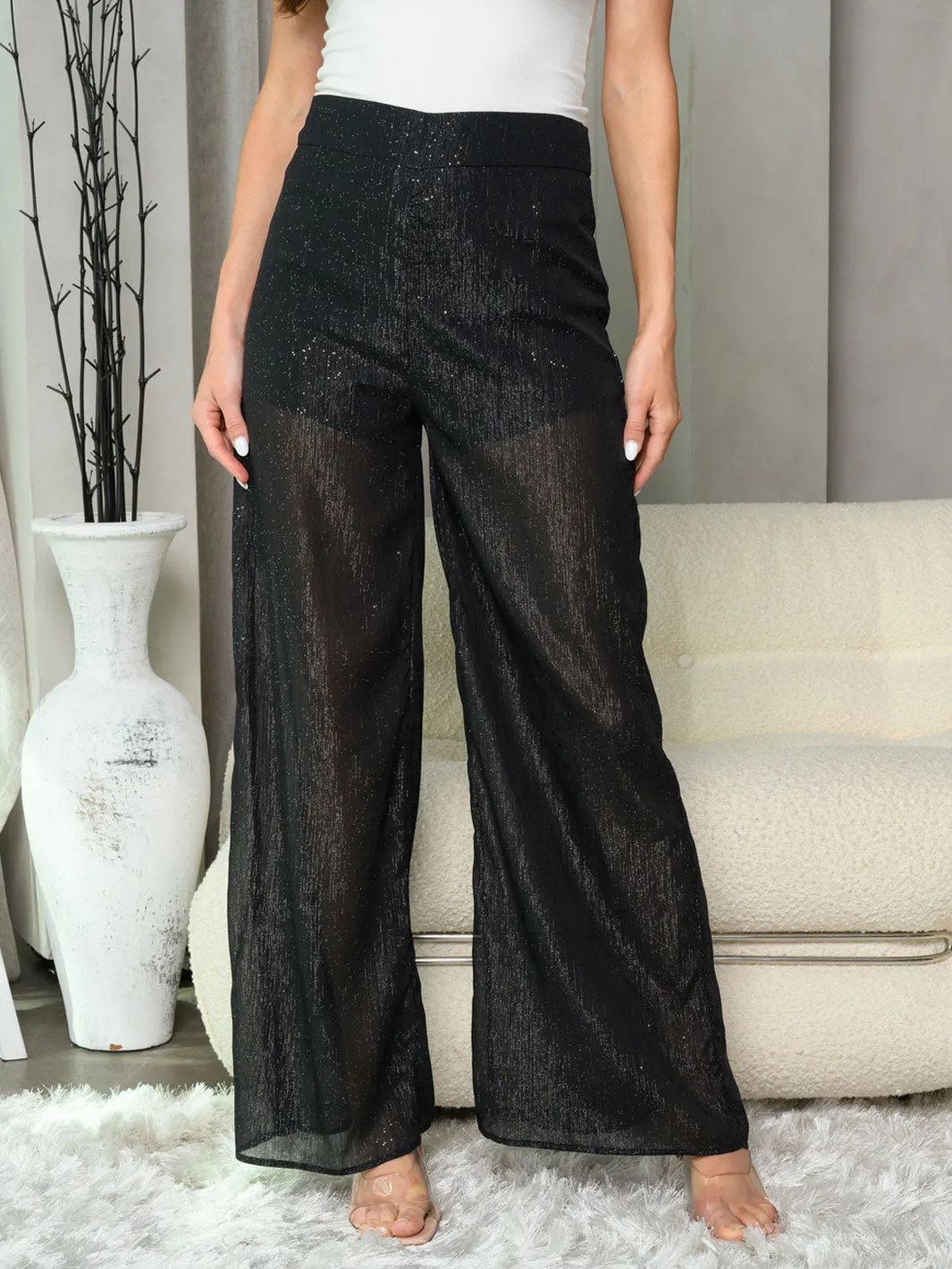 WOMEN'S ZIP UP SHIMMER MESH BELL LEG PANTS