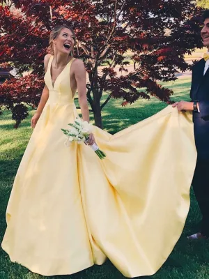 Yellow A Line V Neck Satin Long Prom, V Neck Backless Yellow Satin Wedding, Formal