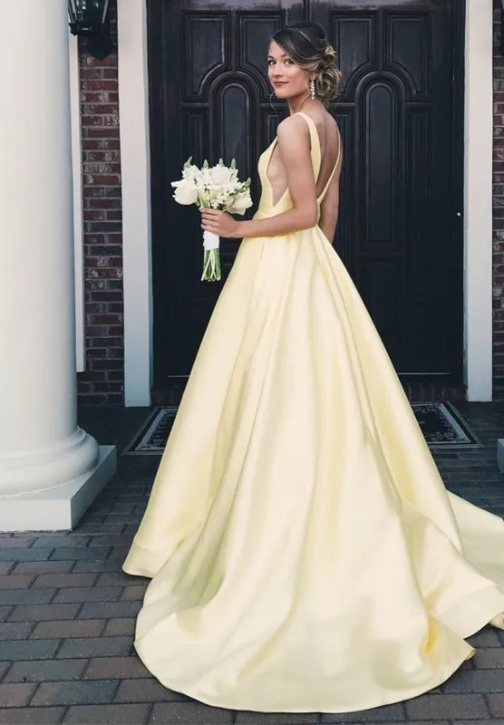 Yellow A Line V Neck Satin Long Prom, V Neck Backless Yellow Satin Wedding, Formal