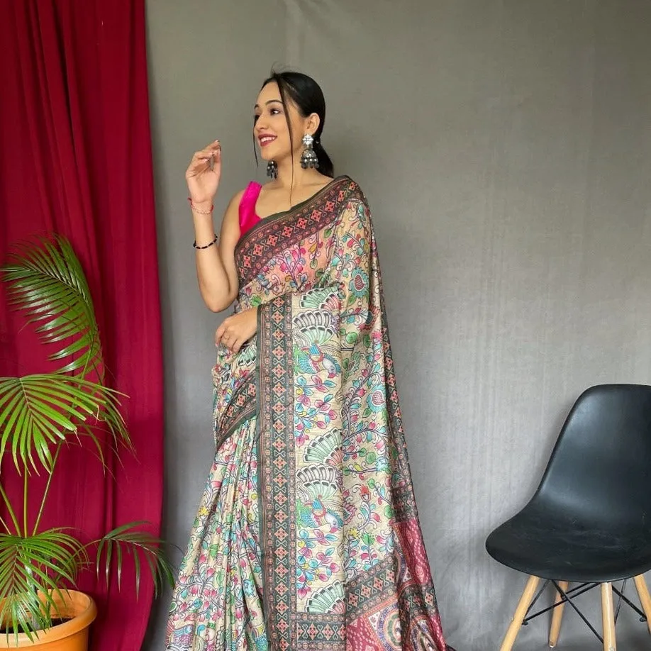 Yellow Cotton Kalamkari Digital Print Saree