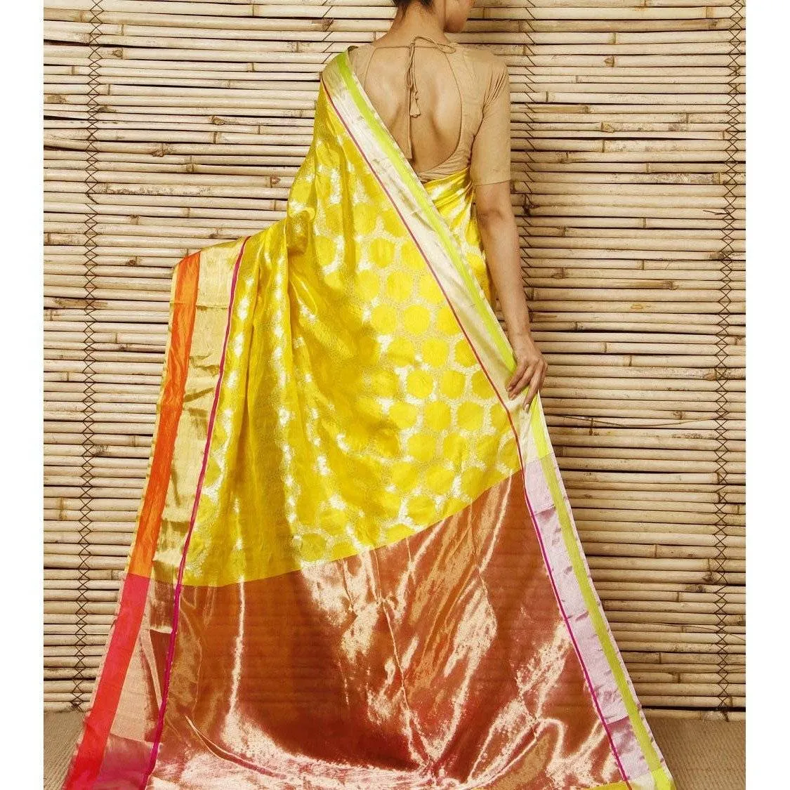Yellow Silk Zari Jaal Chanderi Saree