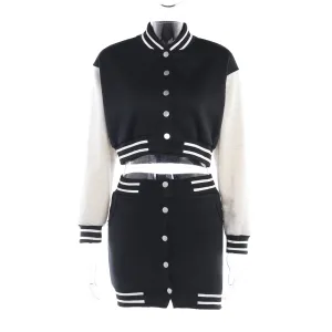 YJ23409Long Sleeve Color Blocking Baseball Uniform Coat High Waist Button Split Skirt European and American Autumn Fashion Suit Women
