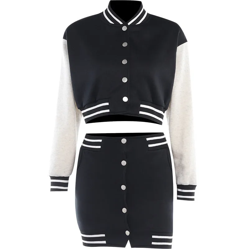 YJ23409Long Sleeve Color Blocking Baseball Uniform Coat High Waist Button Split Skirt European and American Autumn Fashion Suit Women