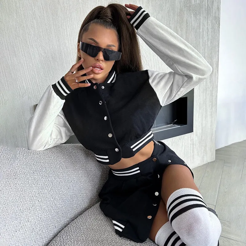 YJ23409Long Sleeve Color Blocking Baseball Uniform Coat High Waist Button Split Skirt European and American Autumn Fashion Suit Women