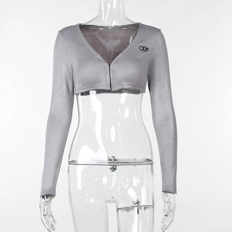 YL23476New fall women's clothing 2023European and American Style Metal Fabric Long-Sleeved Top Sexy Hip Skirt Suit