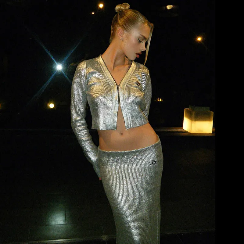 YL23476New fall women's clothing 2023European and American Style Metal Fabric Long-Sleeved Top Sexy Hip Skirt Suit