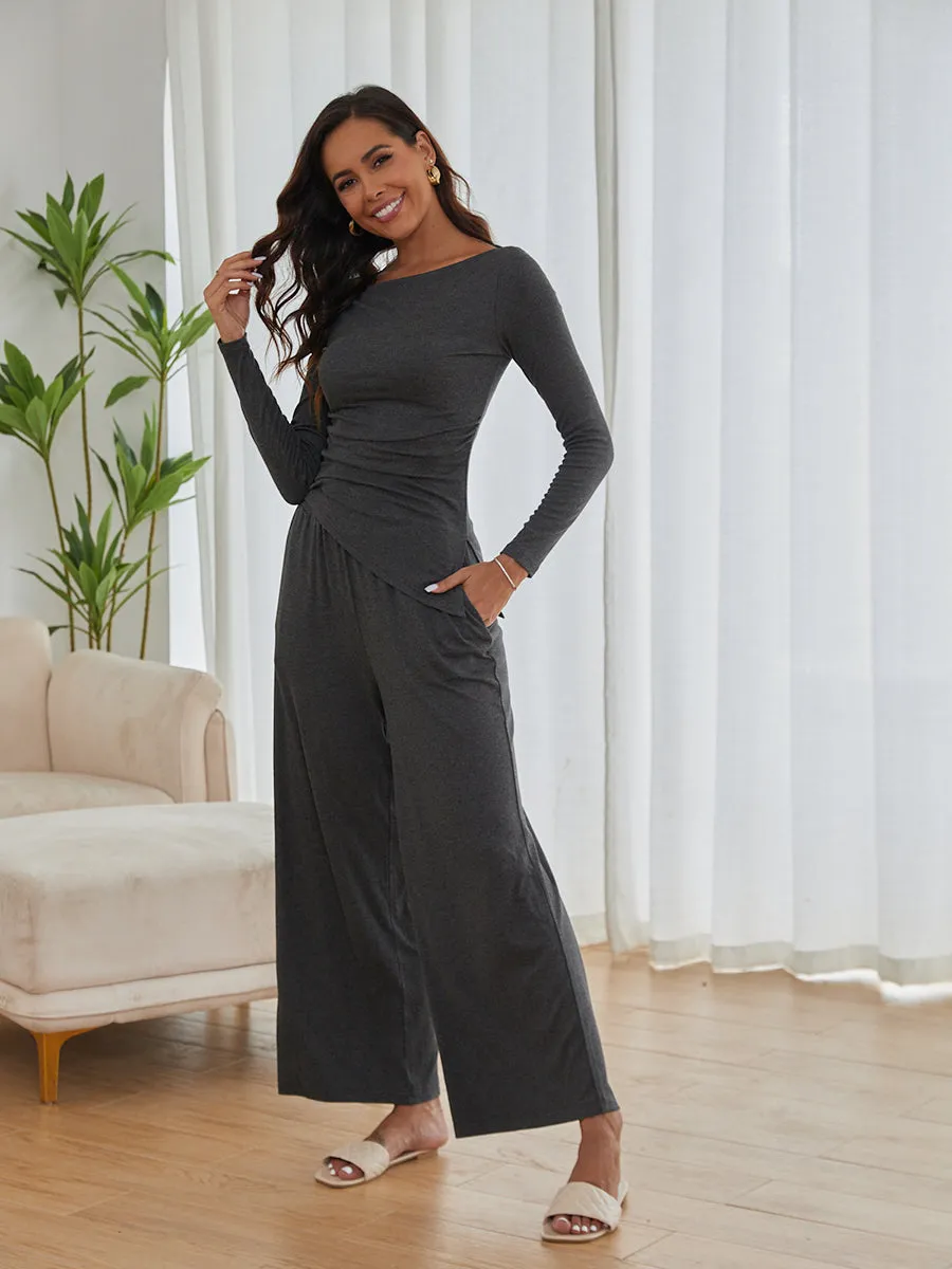 ZAFUL Womens Fall 2 Piece Outfits 2024 Long Sleeve Off Shoulder Tops & Drawstring Wide Leg Pants